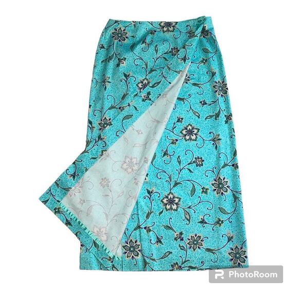 Talbots Stretch Cotton Maxi Wrap Skirt Turquoise Tropical Floral Size 12 NWOT - Picture 2 of 11